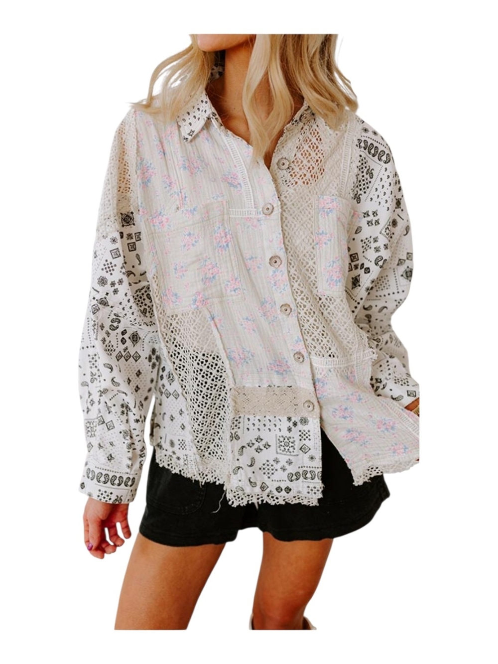 POL White Patchwork Lace Button-Down Shirt with Pink Floral Accents